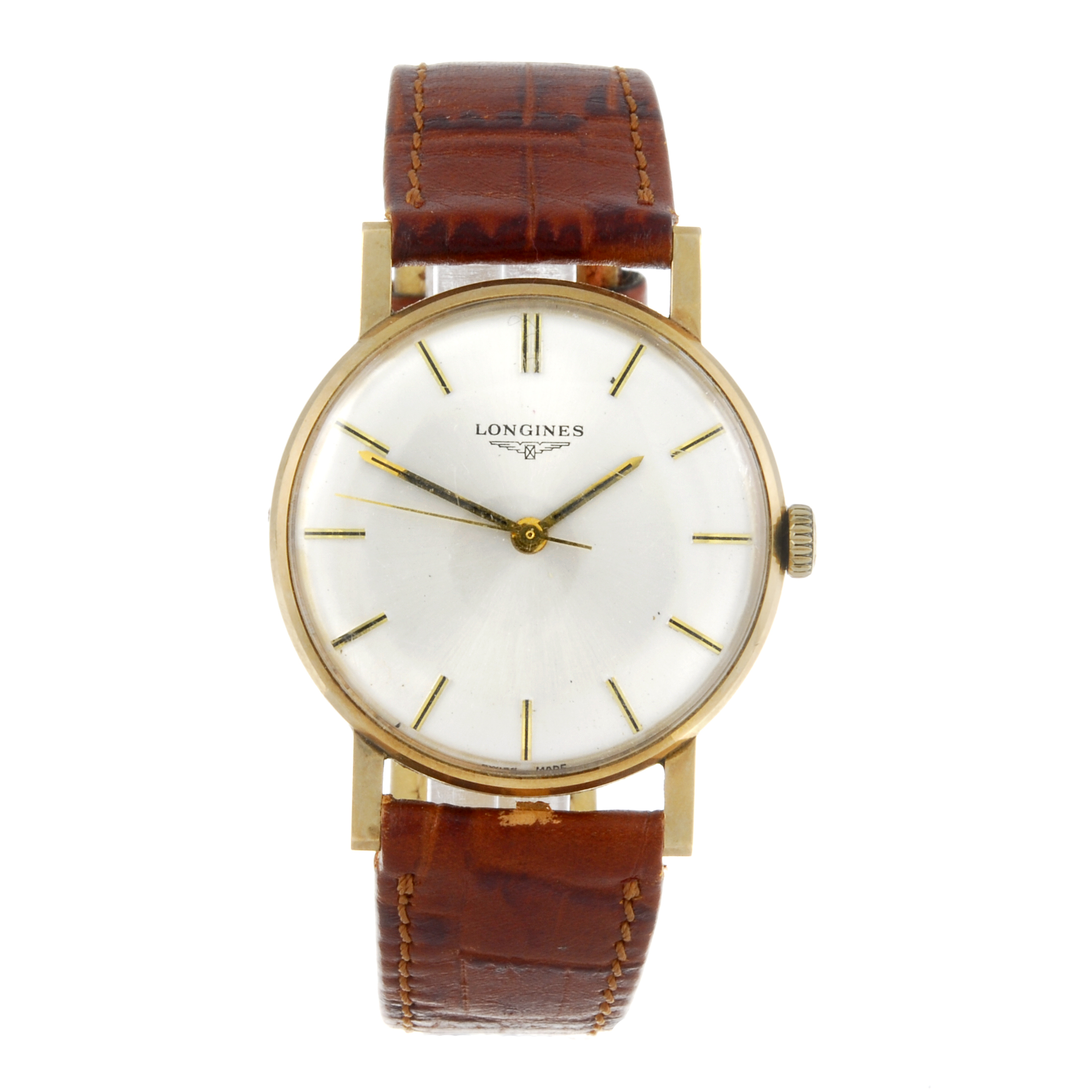 LONGINES - a gentleman's wrist watch. 9ct yellow gold case with engraved case back, hallmarked