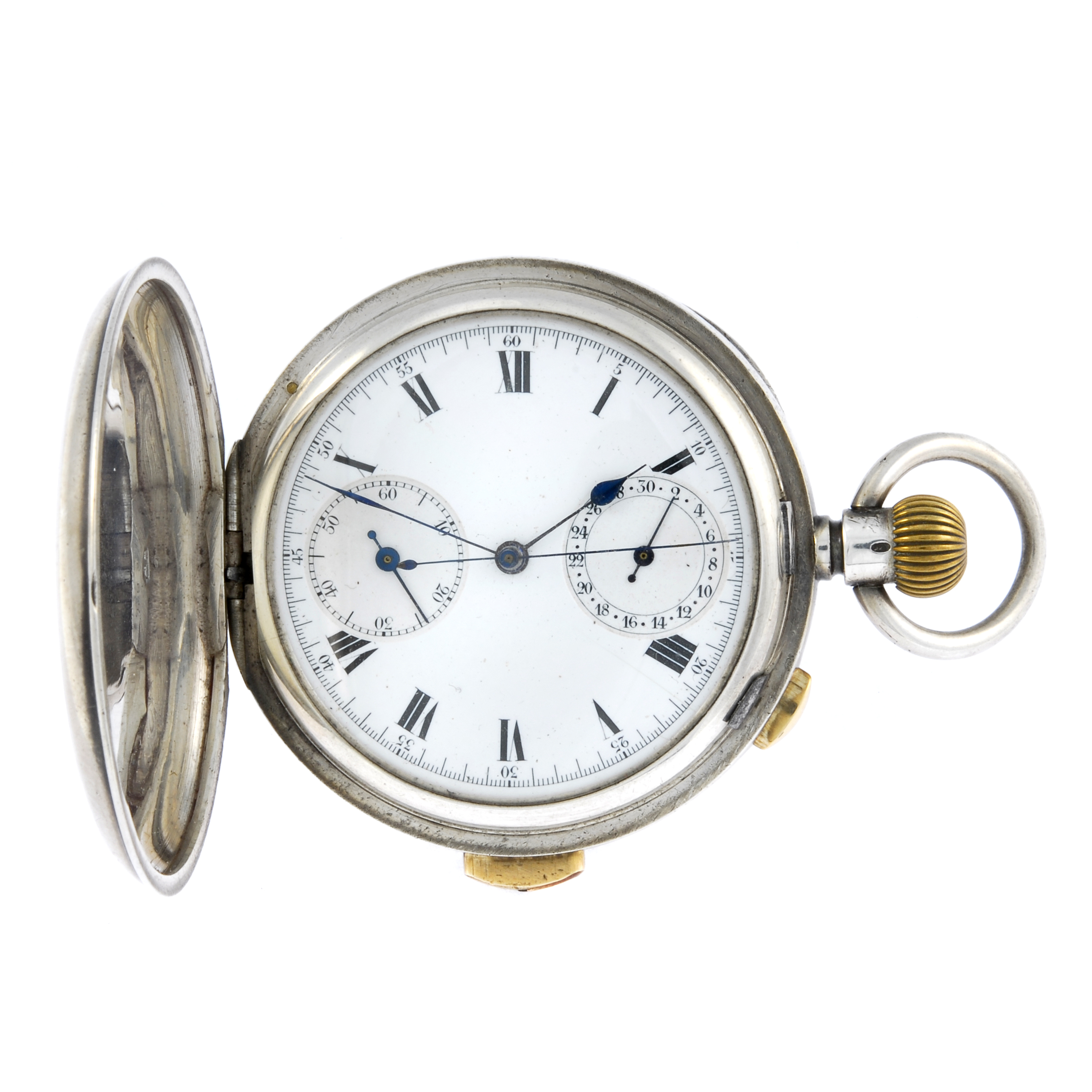 A full hunter quarter repeater chronograph pocket watch. Silver case, import hallmark London 1913.