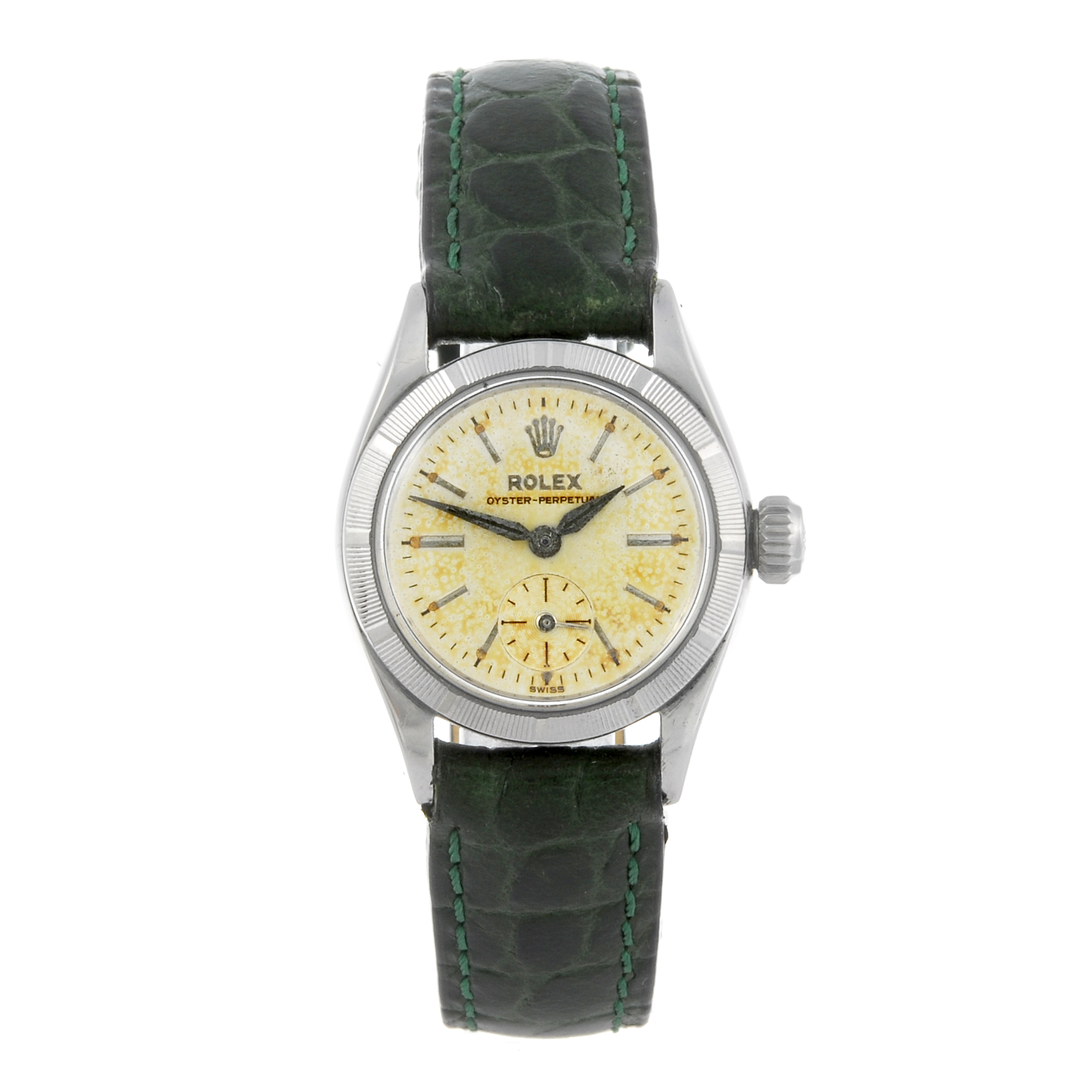 ROLEX - a lady's Oyster Perpetual wrist watch. Circa 1957. Stainless steel case with engine turned