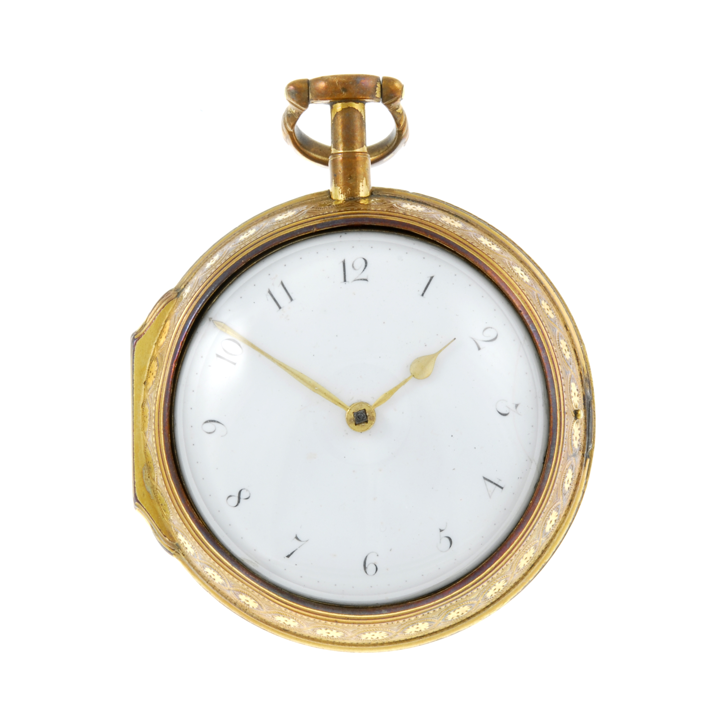 A pair case pocket watch by Dwerrihouse. Gilt cases, later outer case with enamel decoration. Signed