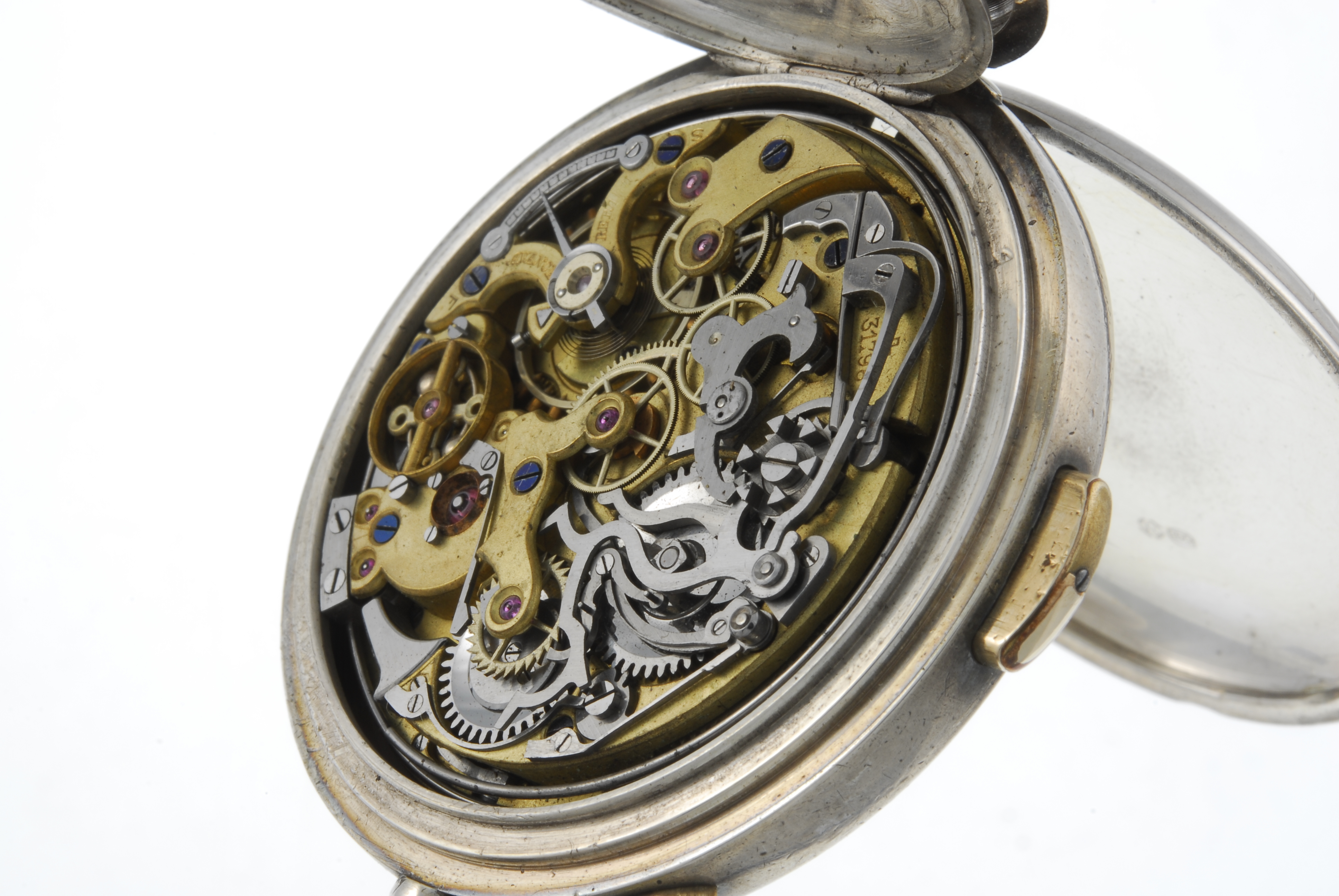 A full hunter quarter repeater chronograph pocket watch. Silver case, import hallmark London 1913. - Image 4 of 4