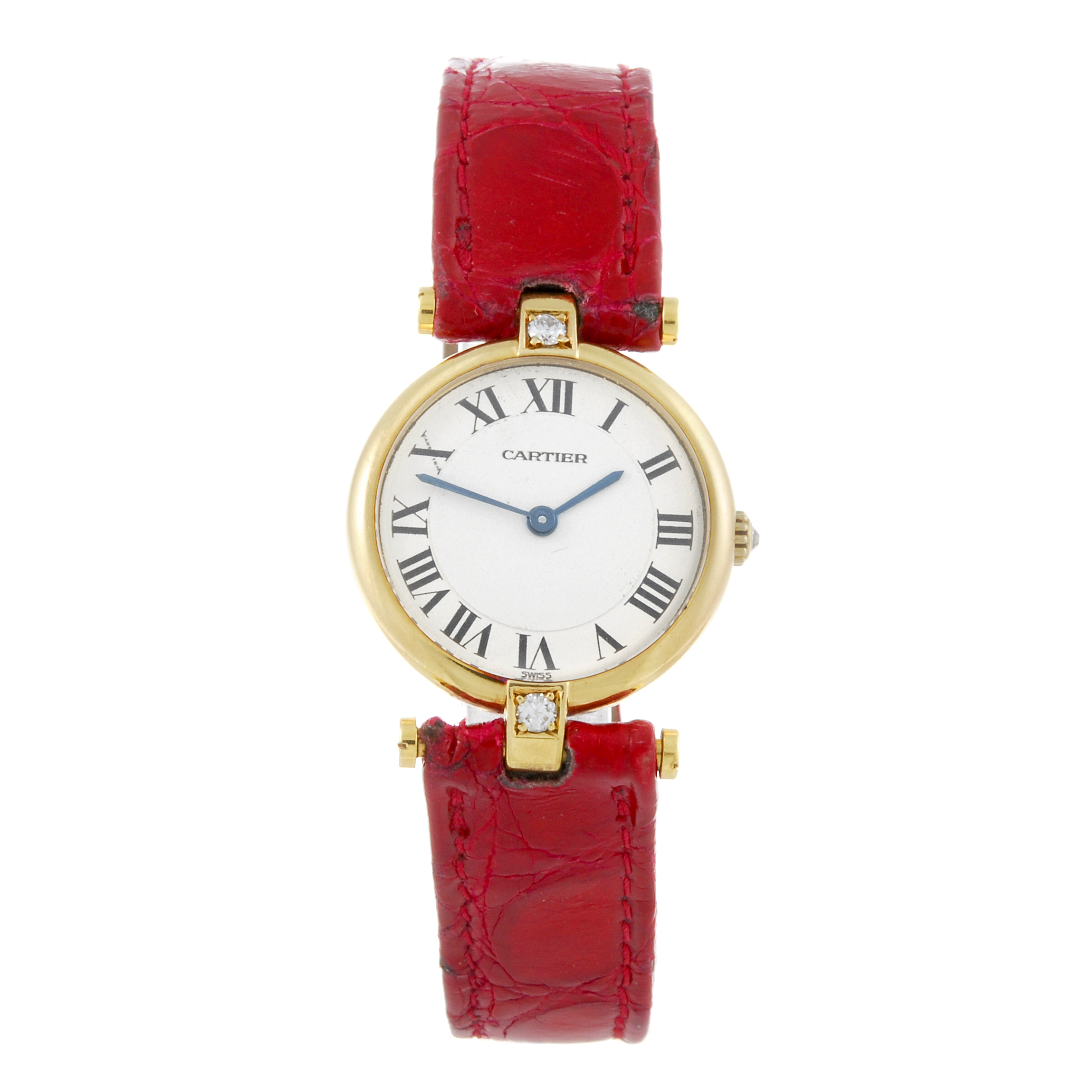 CARTIER - a Vendome wrist watch. Factory diamond set yellow metal case, stamped 18k, 750. Numbered