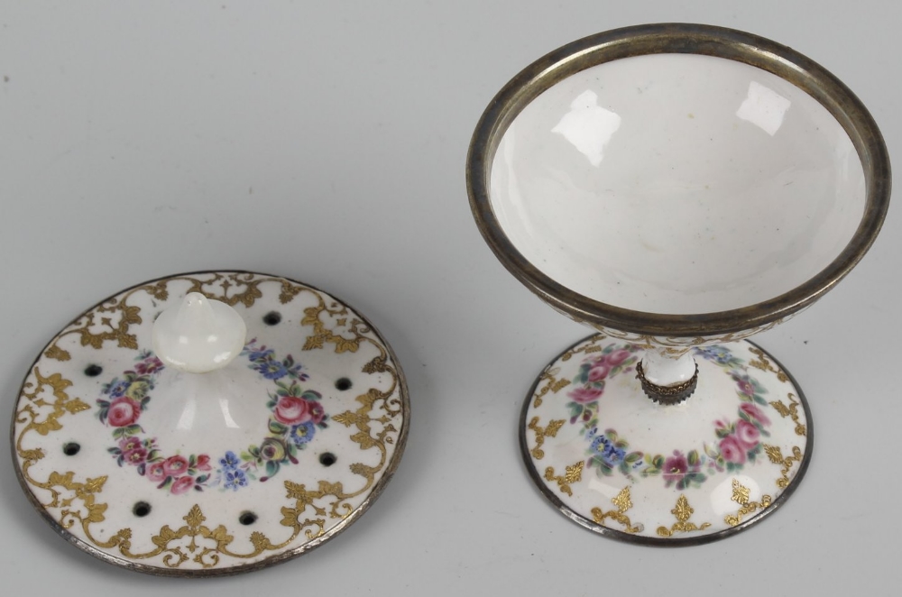 A 19th century French enamel pomander, having a pierced circular cover over a shallow dish raised - Image 2 of 2