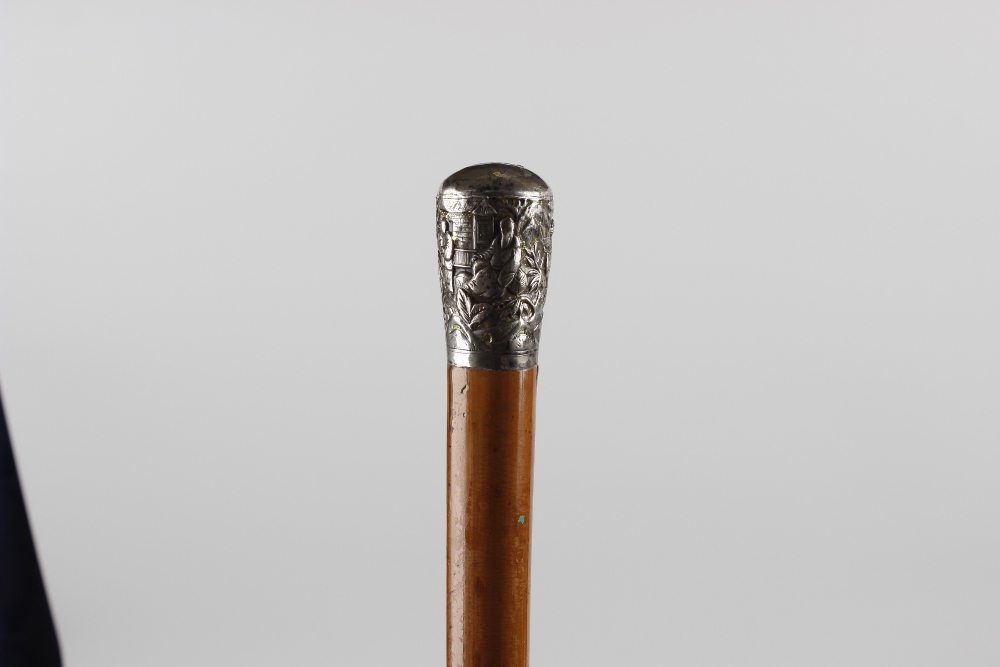 A 19th century Chinese malacca walking stick, carved with a snake and frog, together with another - Image 2 of 2