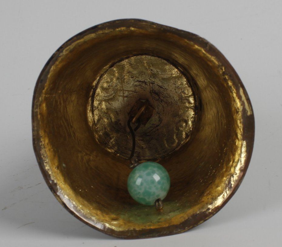 A late 19th century Chinese table bell, the enameled shaped bell engraved with a band of bats, and - Image 3 of 3
