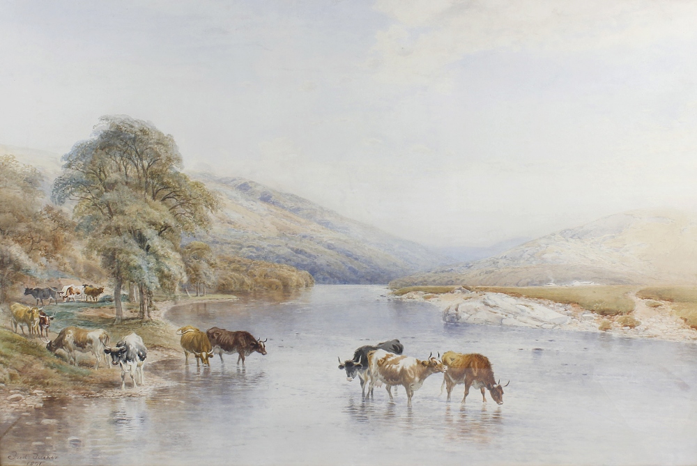 Frederick Tucker, (1860-1935)Cattle watering in a wooded river landscapeWatercolour, signed 'Fred.
