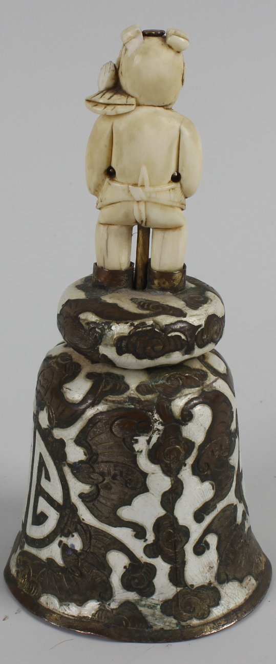 A late 19th century Chinese table bell, the enameled shaped bell engraved with a band of bats, and - Image 2 of 3