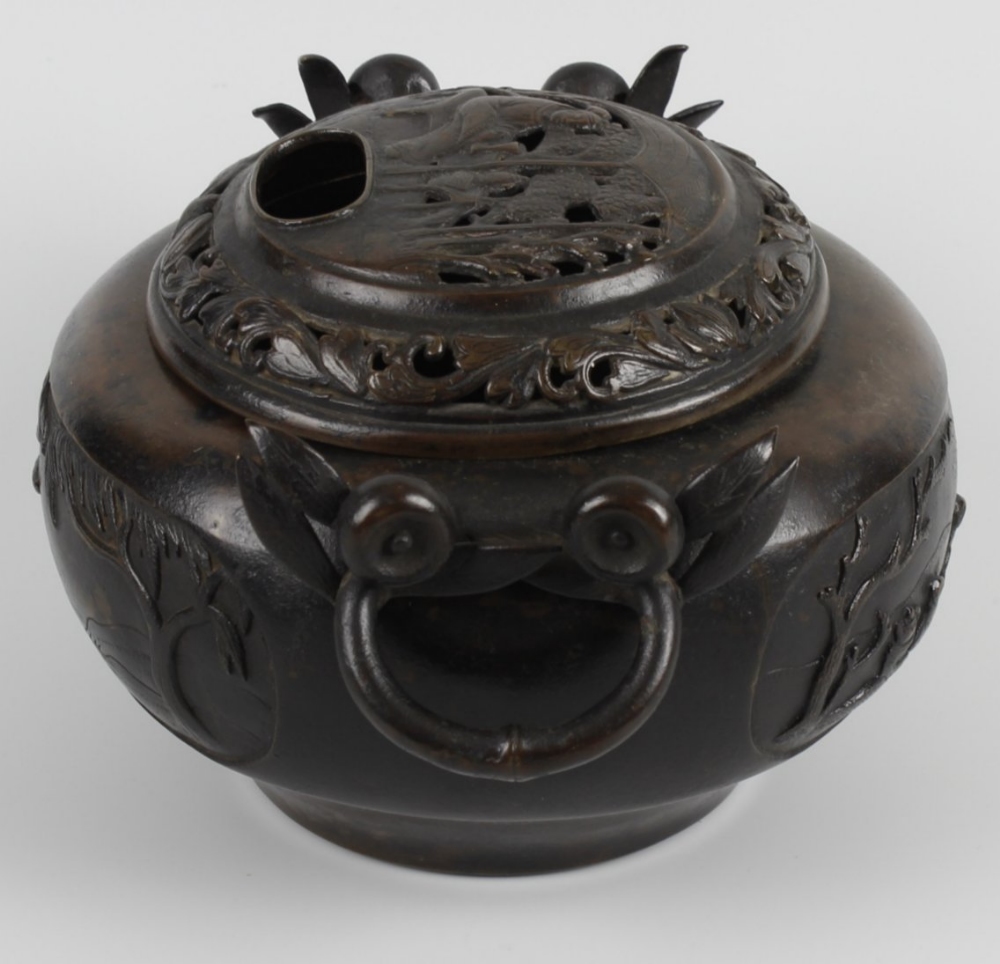 A large bronze incense burner and cover, the domed pierced lid depicting an elder seated among - Image 3 of 4