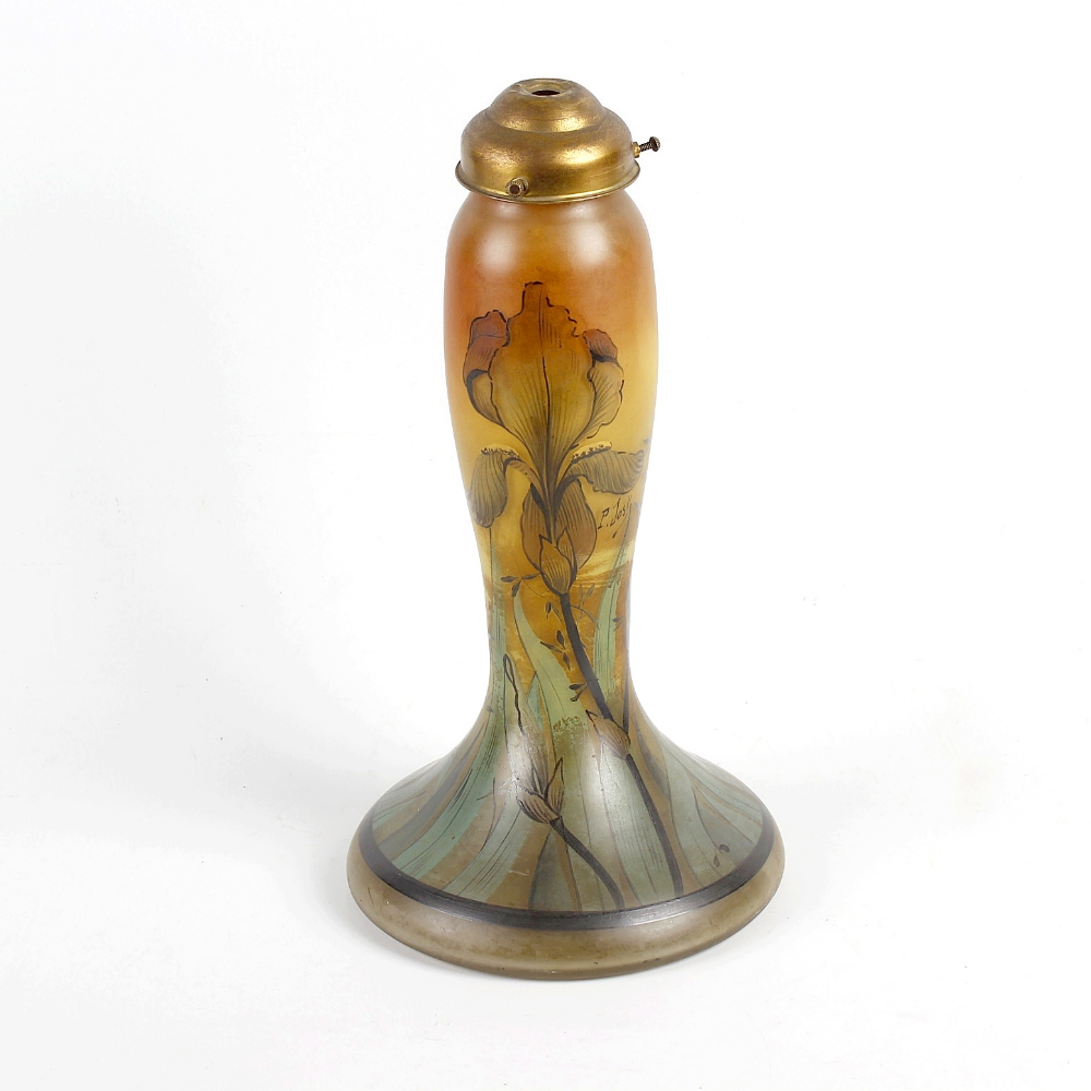 An Art Nouveau glass lamp base, signed P. Jost, of slender form leading to the spreading circular