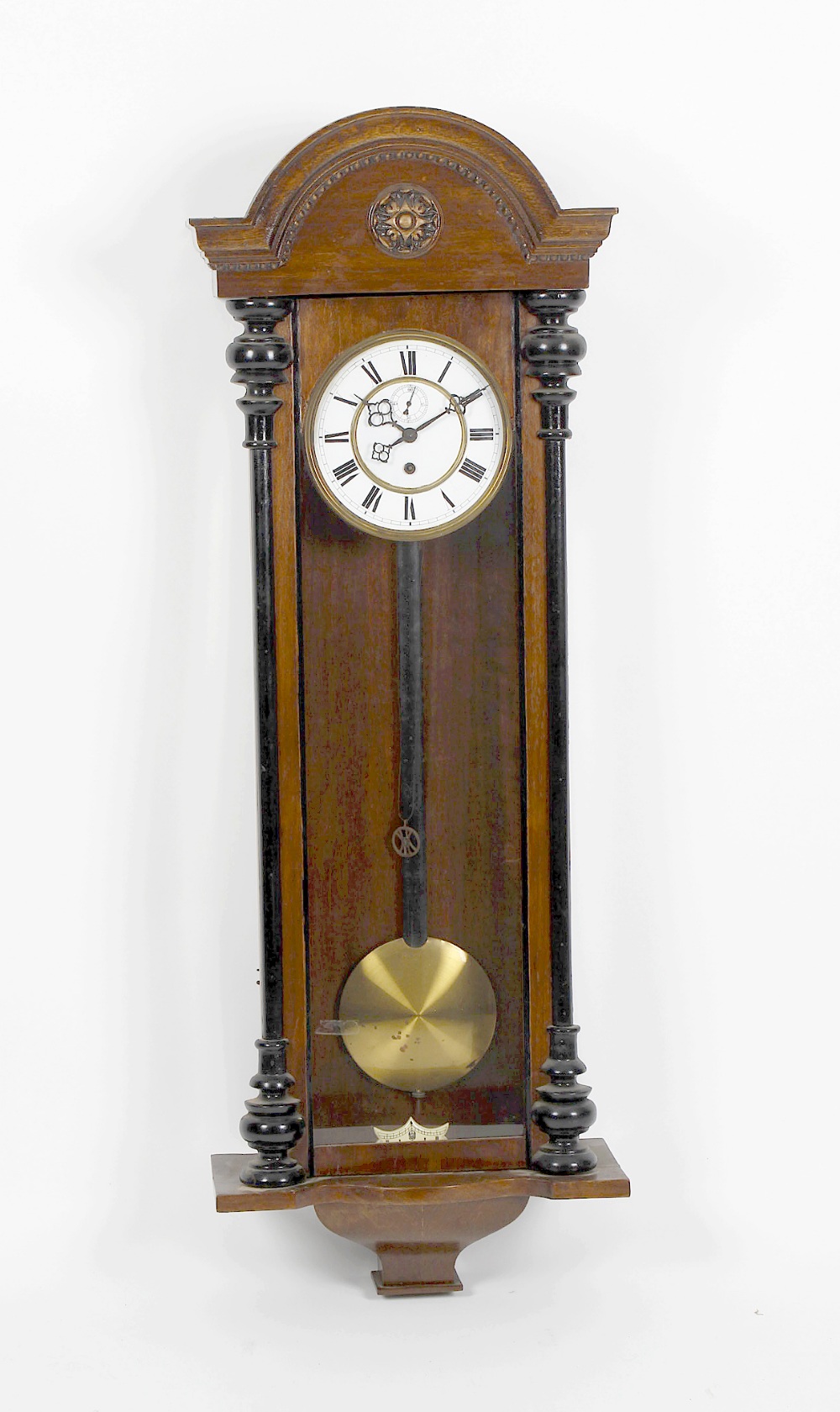A fruitwood-cased weight-driven Vienna wall clockThe 6.5-inch white Roman dial with subsidiary