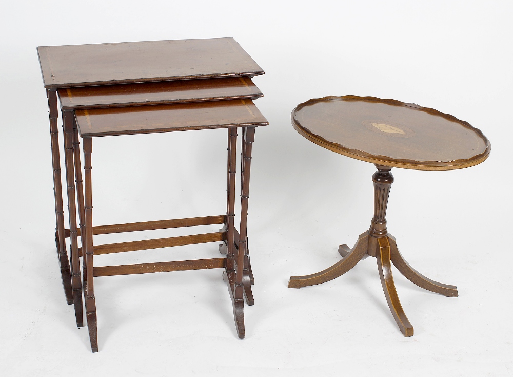 A small mixed collection of furniture, comprising a nest of three inlaid mahogany tables, each