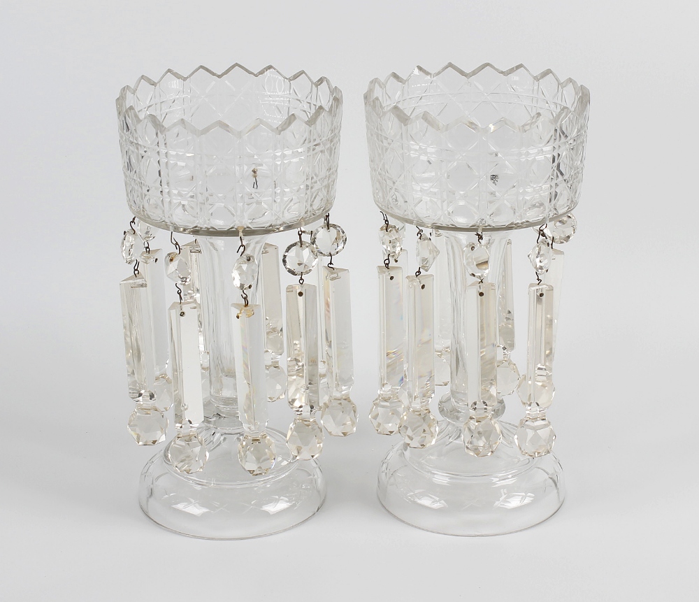 A pair of cut glass lustres, of fluted form, each having 'zig-zag' rim, with pendant drops leading