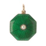 An early 20th century enamel and split pearl locket. The octagonal-shape green guilloche enamel