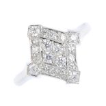 A diamond dress ring. Of kite-shape outline, the brilliant-cut diamond quatrefoil, within a