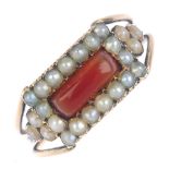 An early 19th century gold carnelian and split pearl cluster ring. The rectangular carnelian