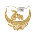 (PWN577) A fringed filigree collar necklace and ear pendant set. Weight 57.4gms. Please be aware