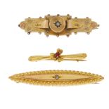 Three late Victorian and early 20th century gold brooches. To include a late Victorian 9ct gold