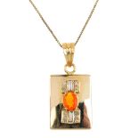 A fire opal and diamond pendant. Of rectangular outline, the oval-shape fire opal, with vari-cut