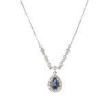 (112531) A set of sapphire and diamond jewellery. The necklace designed as a pear-shape sapphire and