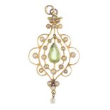 An early 20th century 15ct gold peridot and split pearl pendant. Of openwork design, the pear-