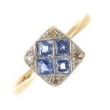 An early 20th century 18ct gold sapphire and diamond dress ring. Of geometric design, the square-