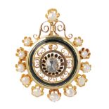 A diamond, enamel and split pearl pendant. The rose-cut diamond, within a series of scrolling