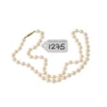 (PWN894) A cultured pearl single-row necklace. Weight 20.2gms. Clasp stamped 375.Please be aware