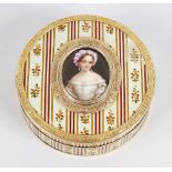 An unusual 19th century ivory box of tapered oval form, the top with concealed hinged panel, opening