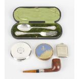 A group of hallmarked silver items: a Sheffield 1913 silver fork and spoon, in original fitted case,