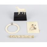 A collection of items to include a 19th century ivory cribbage board, a similar sewing set box, of