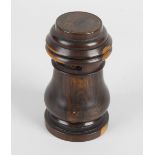 A treen dental powder dispenser (possibly laburnum), of bulbous form, marked Dentifrice holder,