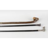 A mixed selection of walking sticks, to include one example having white metal mounted handle