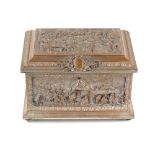 A French copper table casket, of rectangular form having five high relief tavern and village scene