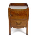 A George III mahogany night cupboard, having tray top over single cupboard door and drawer with