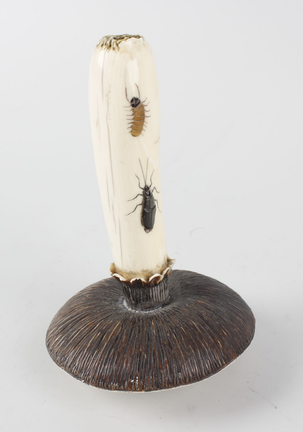 A Japanese ivory ornament, modelled as a mushroom having shibayama insect decoration, and incised - Image 2 of 2