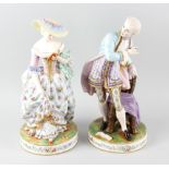 A good pair of French porcelain figures, modelled as a male and female each dressed in elaborated