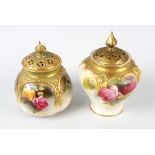 Two Royal Worcester porcelain pot pourris, comprising one by Ethel Spilsbury of lobed pear form,