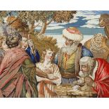 A 19th century needlework tapestry, depicting a biblical narrative scene with a young figure,