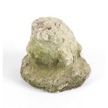 A reconstituted stone garden model of a frog, 7.5” (19cm) high. Worn and weathered.