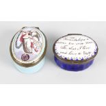 A 19th century Bilston enamel pillbox, of oval form, the hinged cover decorated with text upon a