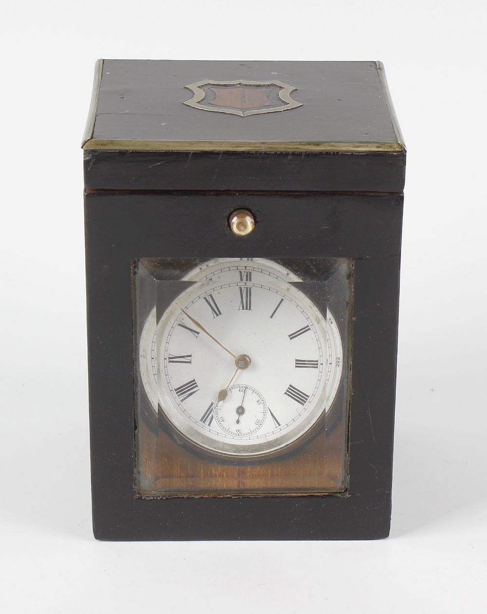 A Victorian inlaid wooden pocket watch case, of rectangular form having a bevelled glass front and