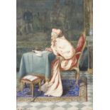 B De Laurentis Interior scene with cardinal seated at a table writing a letterWatercolourSigned 14 x