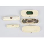 Five early 19th century ivory toothpick cases, each of hinged rectangular form, four with applied