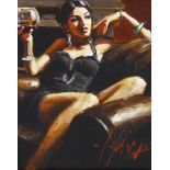 ARR Fabian Perez (b.1967-)The Living Room XIYoung woman reclining on a sofa with a glass of