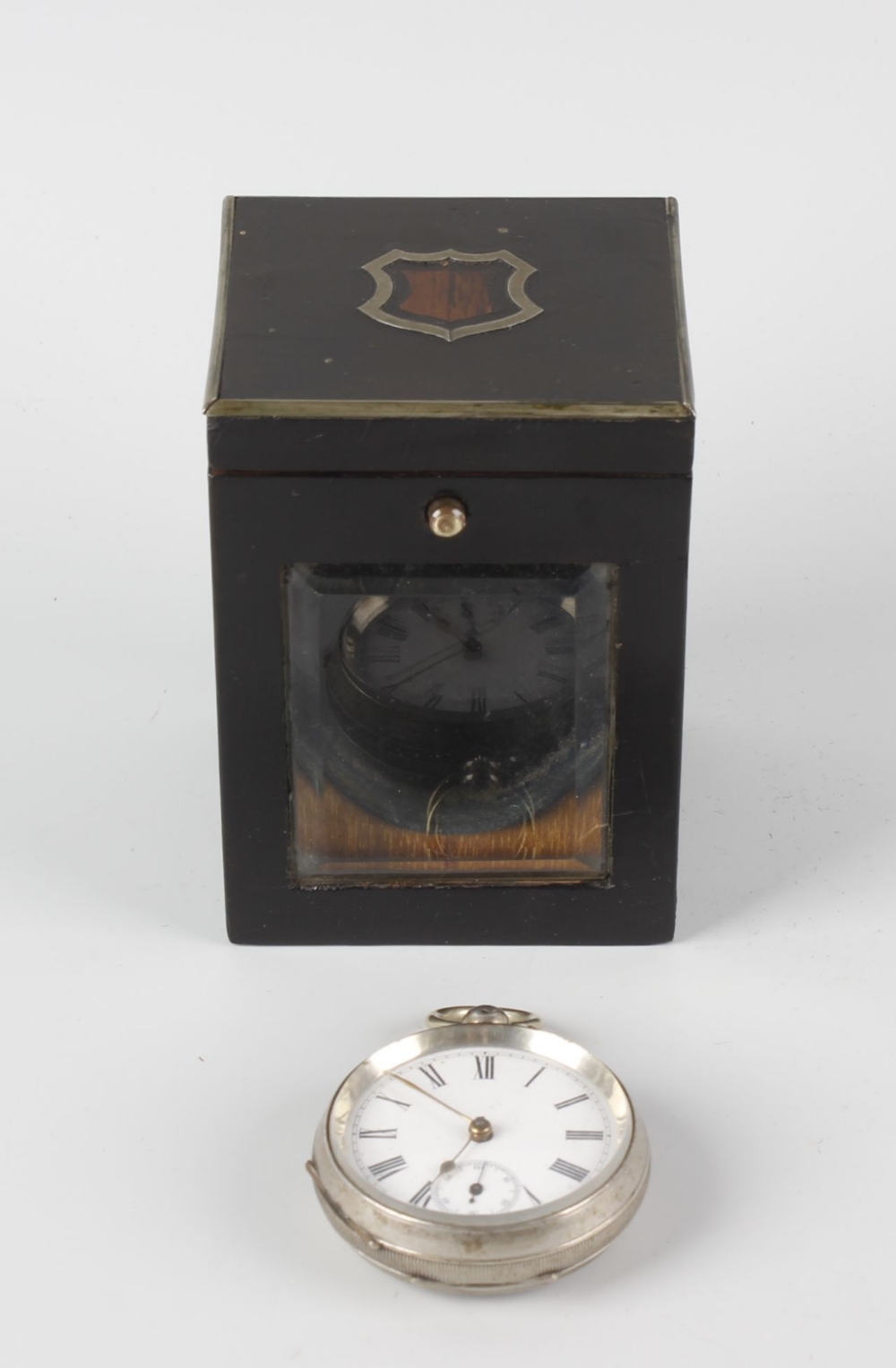 A Victorian inlaid wooden pocket watch case, of rectangular form having a bevelled glass front and - Image 2 of 2