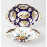 A Barr, Flight & Barr Worcester dish, of oval form with panels of birds and insects upon a blue