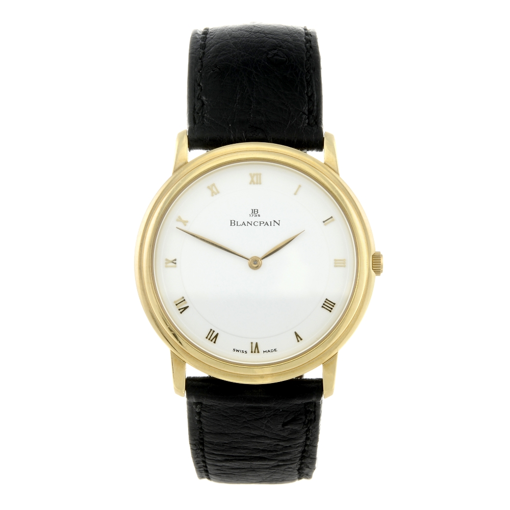 BLANCPAIN - a gentleman's Ultra Thin wrist watch. Yellow metal case with exhibition case back,
