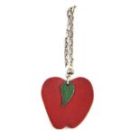 HERMES - a fruit key chain. Designed as a red leather apple with green leather leaf to the silver-