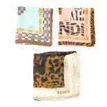 FENDI - two cotton handkerchiefs and a small silk scarf. To include two logo patterned