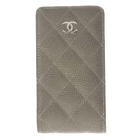 CHANEL - a phone case. Designed as grey caviar quilted leather with silver-tone 'CC' front logo.